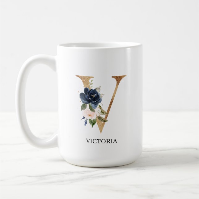 Navy Blush Floral Monogram Letter "V" Personalized Coffee Mug (Left)