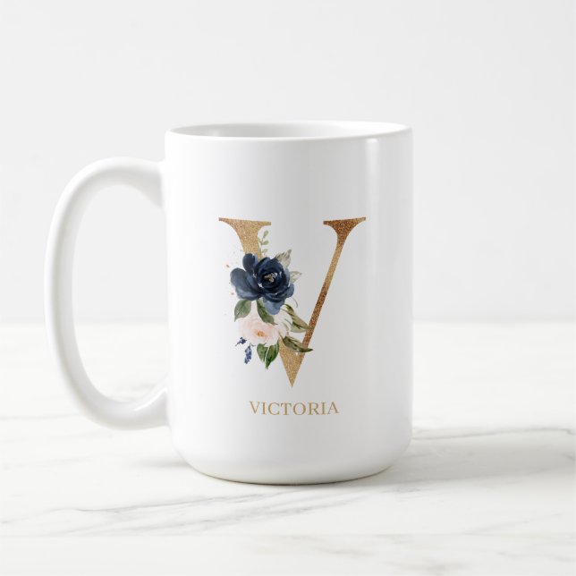 Navy Blush Floral Monogram Letter "V" Personalized Coffee Mug (Left)