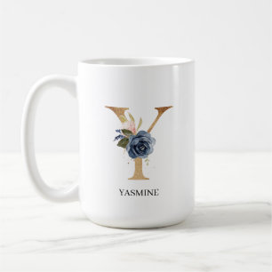 Navy Blush Floral Monogram Letter "Y" Personalized Coffee Mug