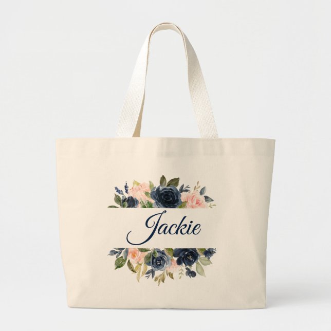Navy & Blush Floral Personalised Large Tote Bag (Front)