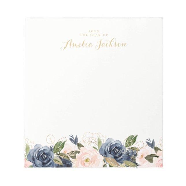 Navy Blush Floral Personalised Notepad Stationery (Front)