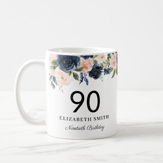 Navy Blush Floral Personalized 90th Birthday Coffee Mug (Left)