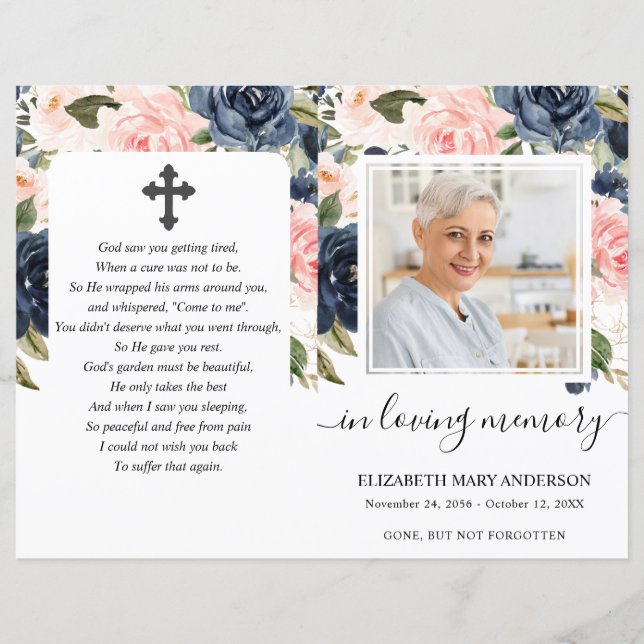 Navy Blush Floral Photo Funeral Program (Front)