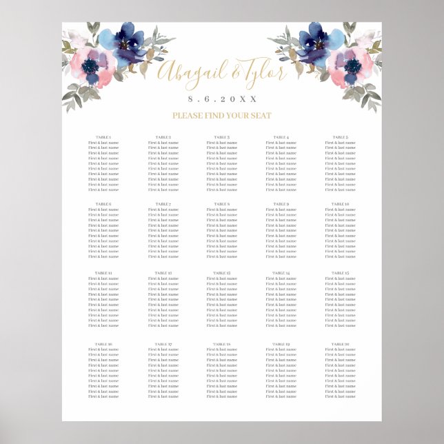 Navy & Blush Floral Reception Seating Chart (Front)