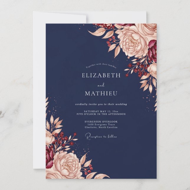 Navy Blush Floral Romance Wedding Invitation (Front)