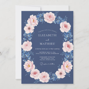 Navy Blush Floral Romantic Wedding Invitation