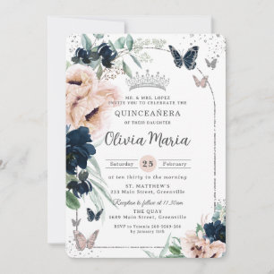 Navy Blush Floral Silver Butterflies Quinceañera Invitation