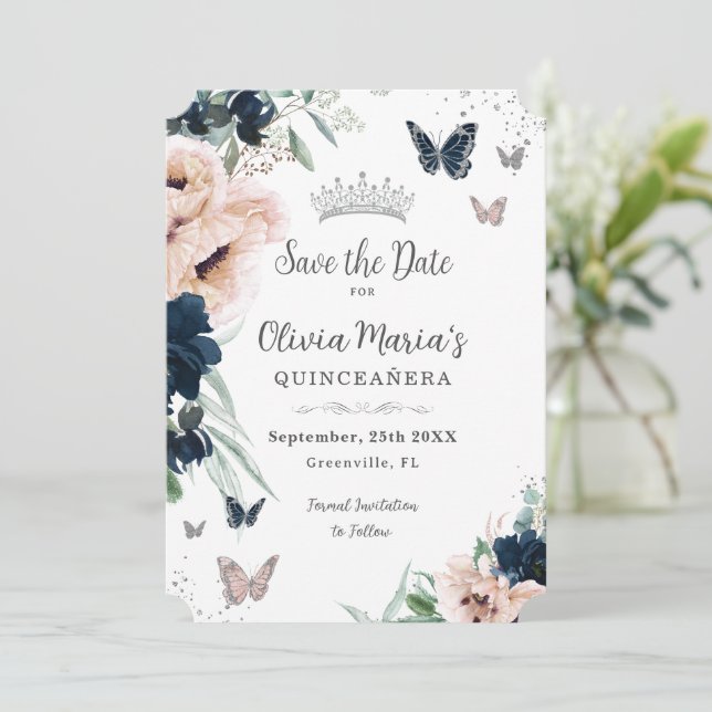 Navy Blush Floral Silver Butterflies Quinceañera  Save The Date (Standing Front)