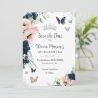 Navy Blush Floral Silver Butterflies Quinceañera