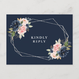 Navy & blush floral silver frame wedding RSVP Postcard