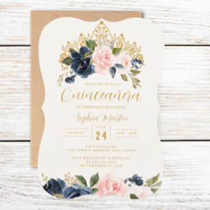 Navy Blush Floral Tiara Quinceanera  Invitation