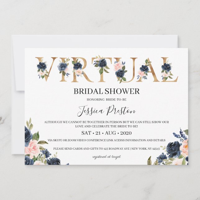 Navy Blush Floral Virtual Bridal Shower Invitation (Front)