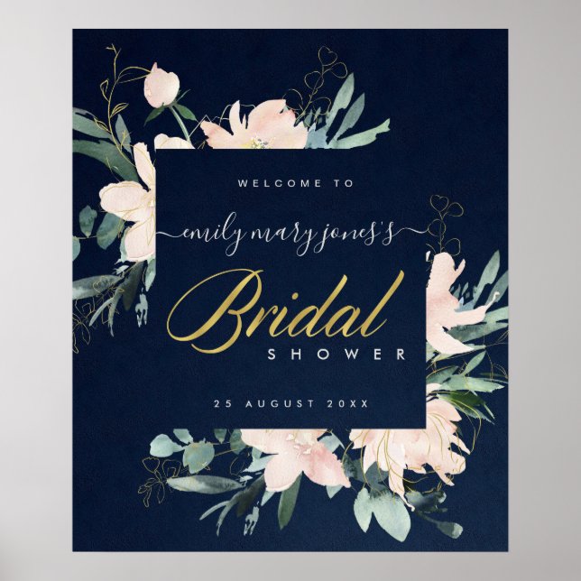 NAVY BLUSH FLORAL WATERCOLOR BRIDAL SHOWER WELCOME POSTER (Front)