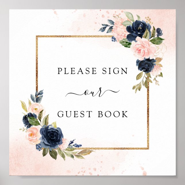Navy Blush Floral Wedding Guest Book Square Sign (Front)