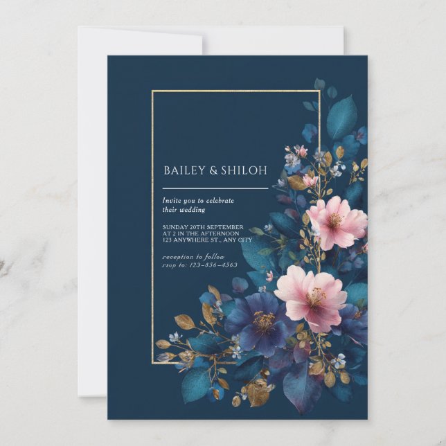 Navy & Blush Floral Wedding  Invitation (Front)