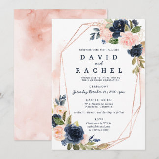 Navy Blush Floral Wedding Invitation