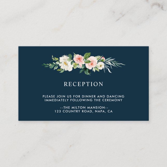 Navy Blush Floral Wedding Reception Enclosure Card (Front)