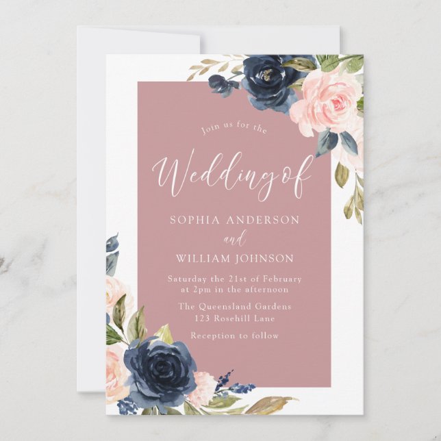Navy & Blush Floral White Border Elegant Wedding Invitation (Front)