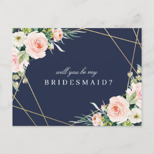 navy & blush floral will you be my bridesmaid card