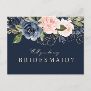 Navy blush floral will you be my bridesmaid card