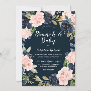 Navy & Blush Floral Wreath Baby Shower Brunch Invitation