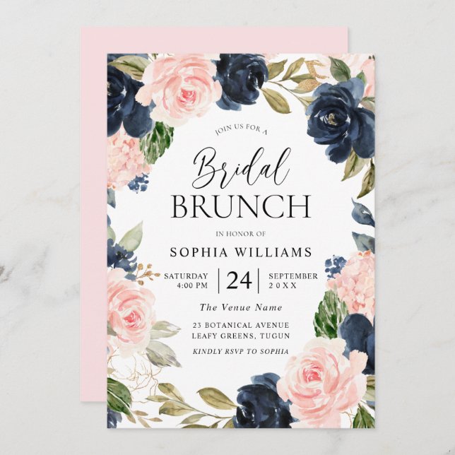 Navy Blush Floral Wreath Bridal Shower Brunch Invitation (Front/Back)