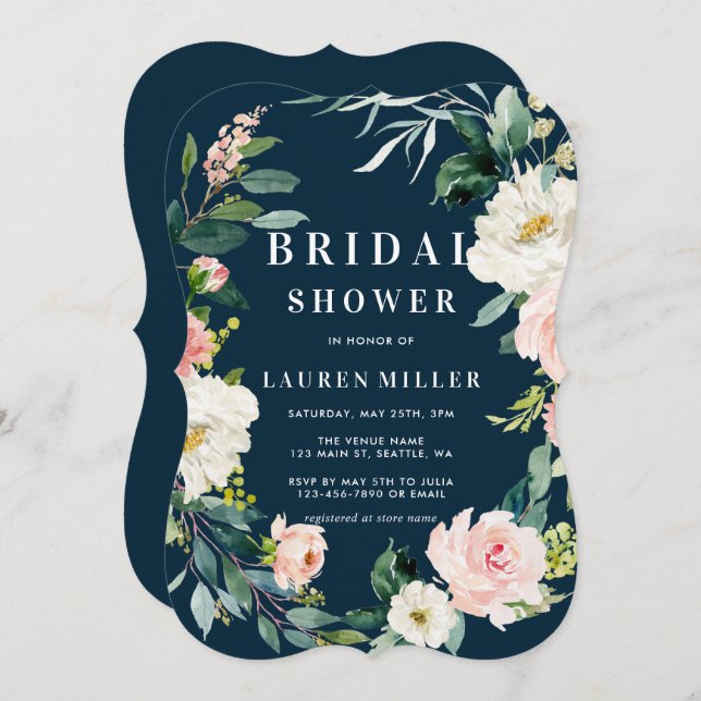 Navy Blush Floral Wreath Bridal Shower Invitation (Front/Back)