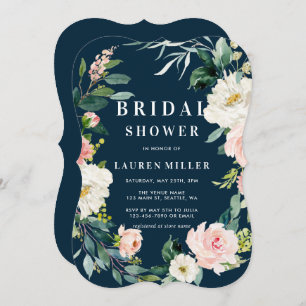 Navy Blush Floral Wreath Bridal Shower Invitation