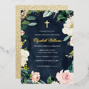 Navy Blush Floral Wreath Cross Girl Baptism 