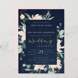 NAVY BLUSH FLORAL WREATH INK WATERCOLOR WEDDING INVITATION
