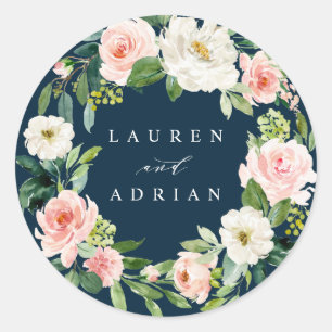 Navy Blush Floral Wreath Wedding Classic Round Sticker