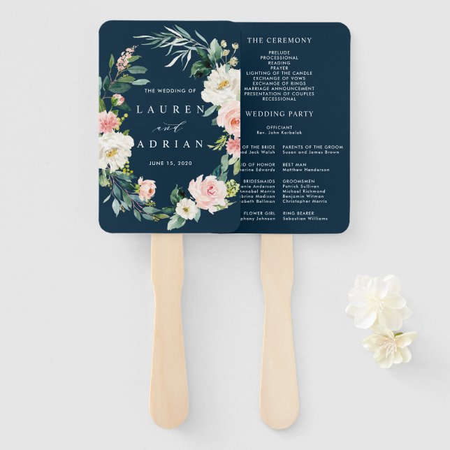 Navy Blush Floral Wreath Wedding Program Hand Fan (Front and Back)