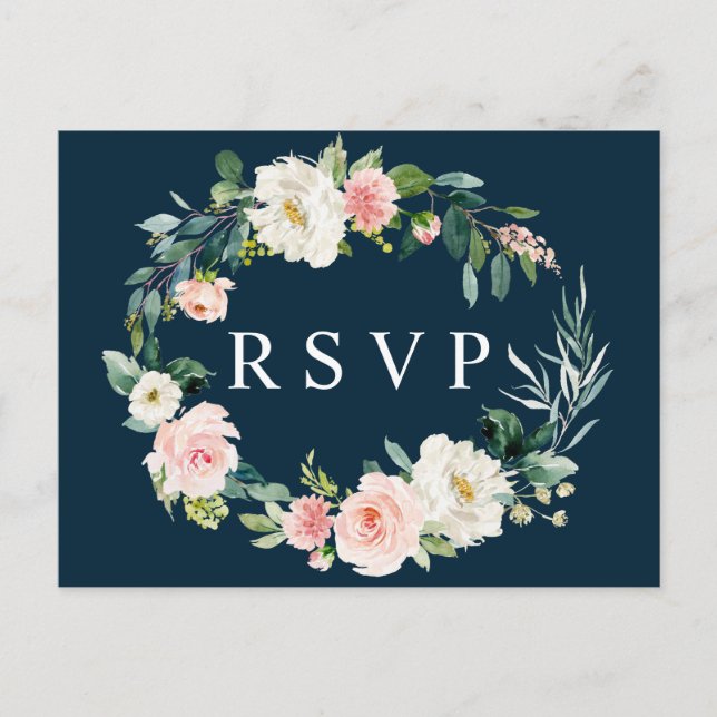 Navy Blush Floral Wreath Wedding RSVP Postcard (Front)