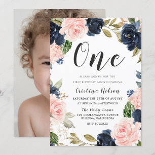 Navy Blush Flowers 1st Birthday Party Boy or Girl Invitation