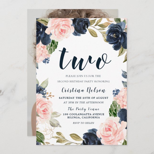 Navy Blush Flowers 2nd Birthday Party Boy or Girl Invitation (Front/Back)
