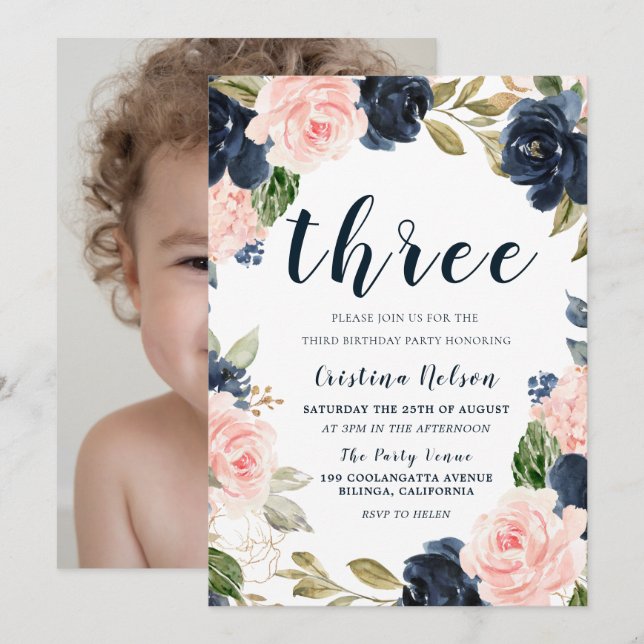 Navy Blush Flowers 3rd Birthday Party Boy or Girl Invitation (Front/Back)