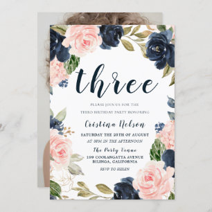 Navy Blush Flowers 3rd Birthday Party Boy or Girl Invitation