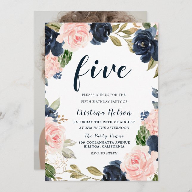 Navy Blush Flowers 4th 5th 6th Children Birthday Invitation (Front/Back)