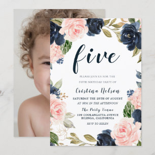 Navy Blush Flowers 4th 5th 6th Children Birthday Invitation
