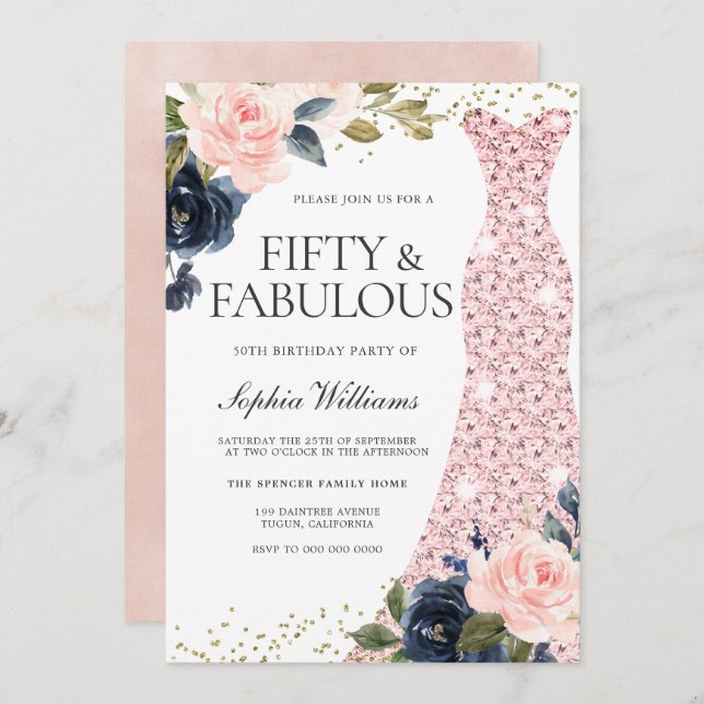 Navy Blush Flowers 50th Birthday Fifty & Fabulous Invitation (Front/Back)