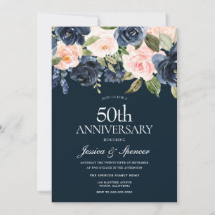Navy & Blush Flowers 50th Wedding Anniversary Invitation