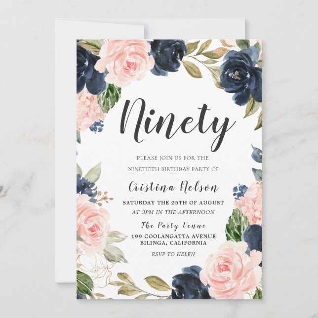 Navy Blush Flowers 90th Birthday Party Invitation (Front)