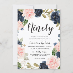 Navy Blush Flowers 90th Birthday Party Invitation