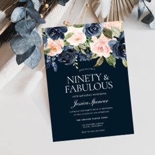 Navy & Blush Flowers 90th Birthday Party Invitation