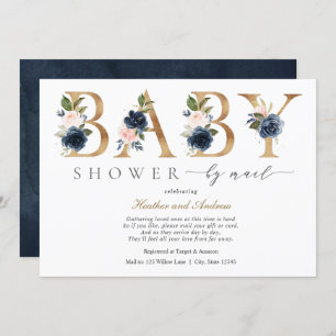 Navy Blush Flowers and Gold Baby Shower by Mail Invitation