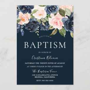 Navy & Blush Flowers Boys girl Baptism Christening Invitation
