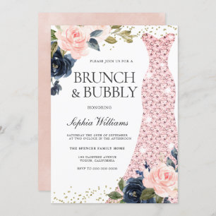 Navy & Blush Flowers Bridal Shower Brunch & Bubbly Invitation