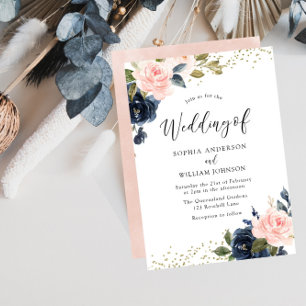 Navy & Blush Flowers Glitter Wedding Invitation