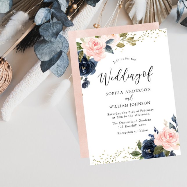 Navy & Blush Flowers Glitter Wedding Invitation (Creator Uploaded)