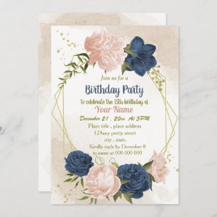 navy blush flowers green leaves birthday invitation